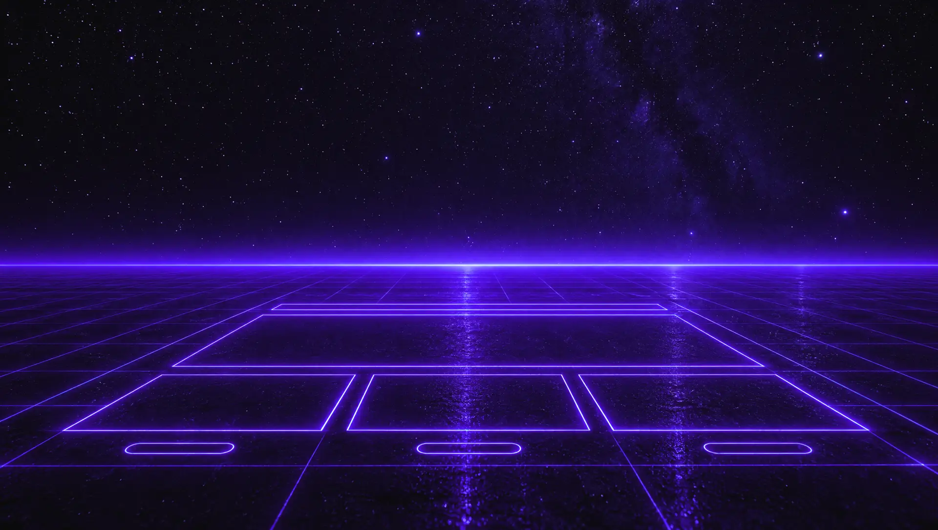 A glowing violet survey grid drawn across dark ground at night, outlining the shape of a website.