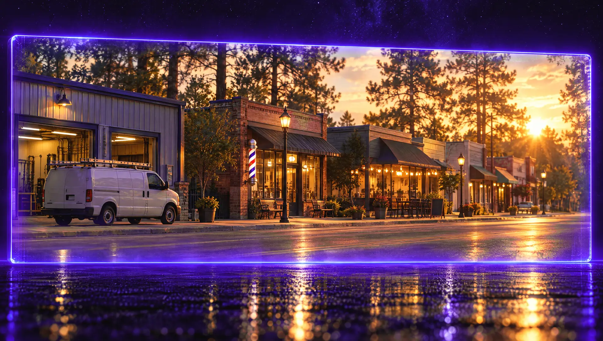 A warm small-town main street at sunset seen through a glowing violet frame: a work van, a barber shop and lit storefronts.