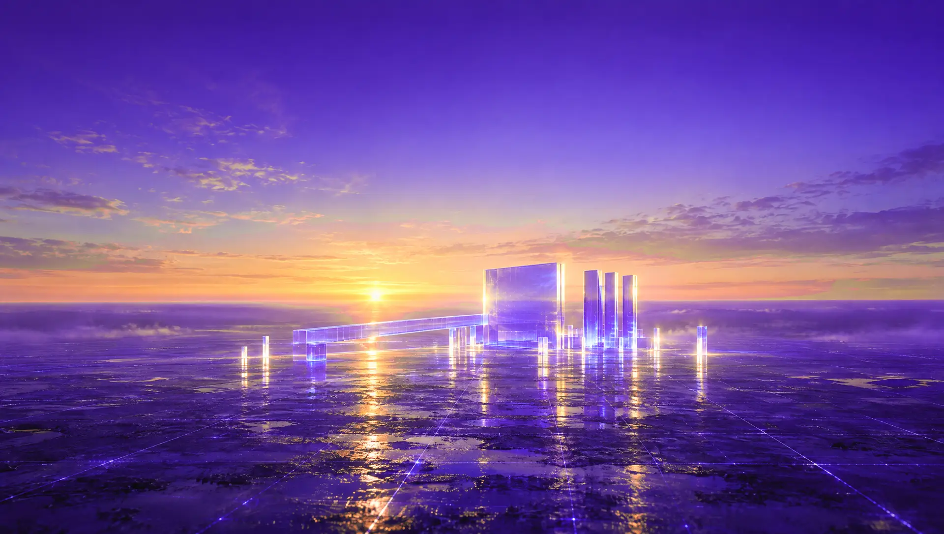 Sunrise over the finished glass build on a wide reflective plain.